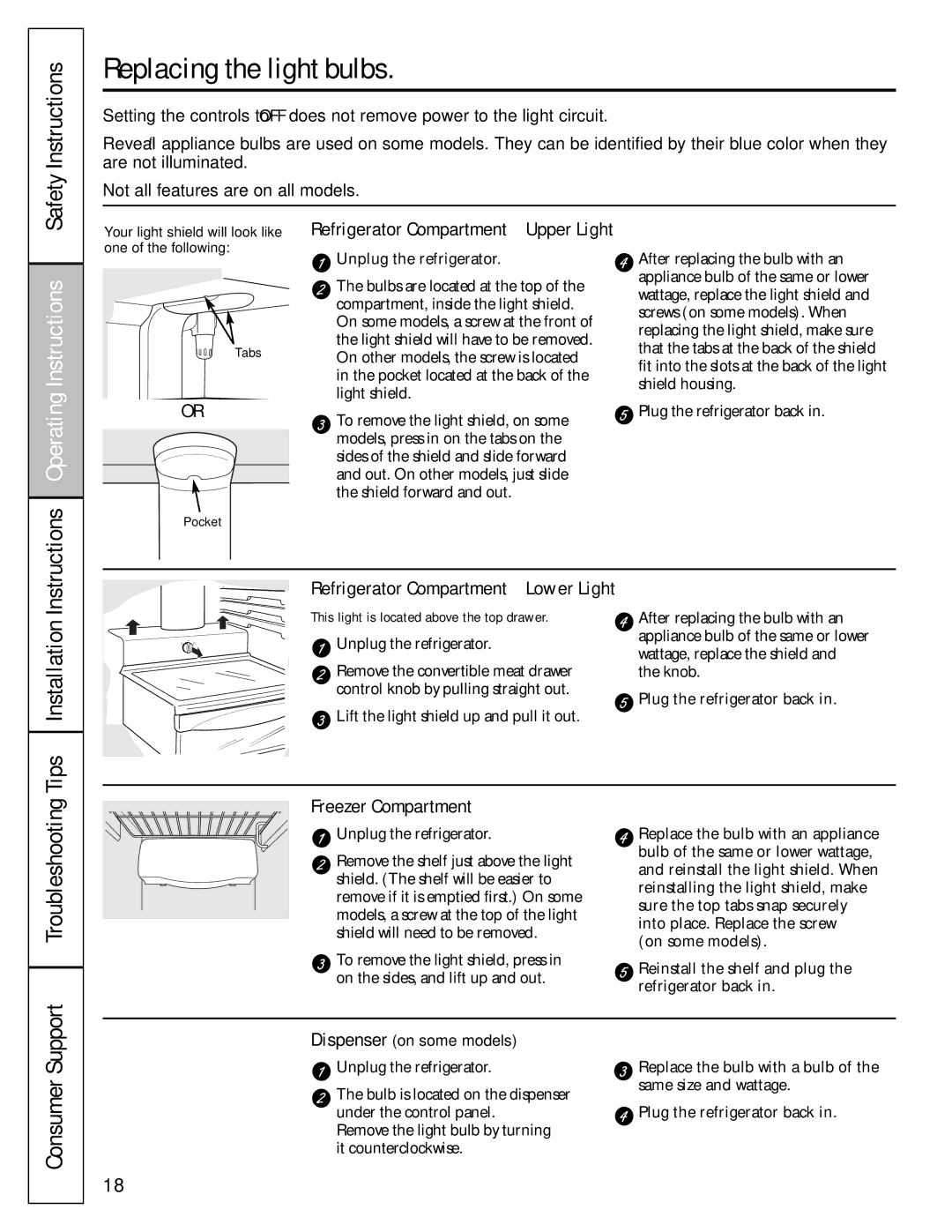 GE 49-60456 manual Replacing the light bulbs, Refrigerator Compartment-Upper Light, Refrigerator Compartment-Lower Light 