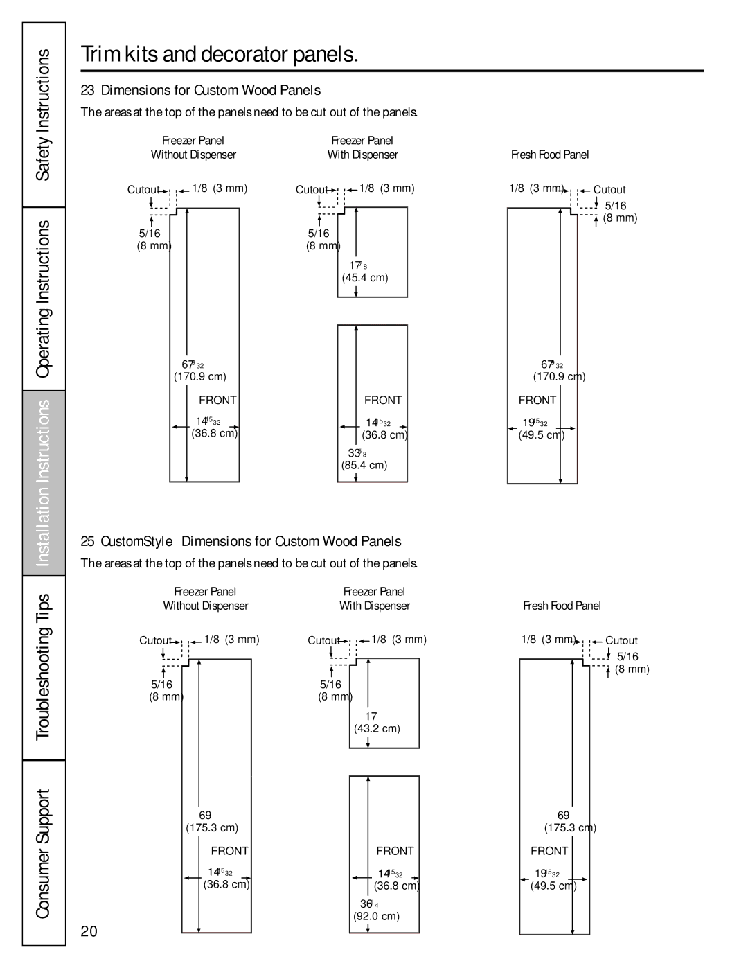 GE 49-60456 23‘ Dimensions for Custom Wood Panels, 25‘ CustomStyle Dimensions for Custom Wood Panels, Fresh Food Panel 