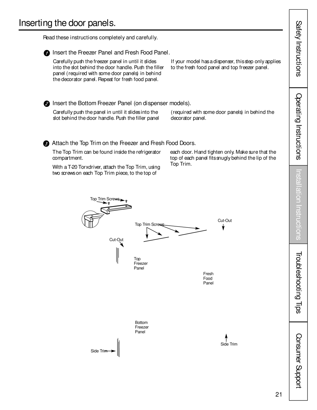 GE 200D8074P009, 49-60456 manual Inserting the door panels, Insert the Freezer Panel and Fresh Food Panel 