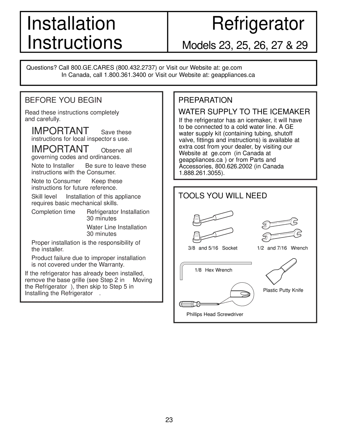 GE 200D8074P009, 49-60456 manual Installation Instructions Refrigerator 