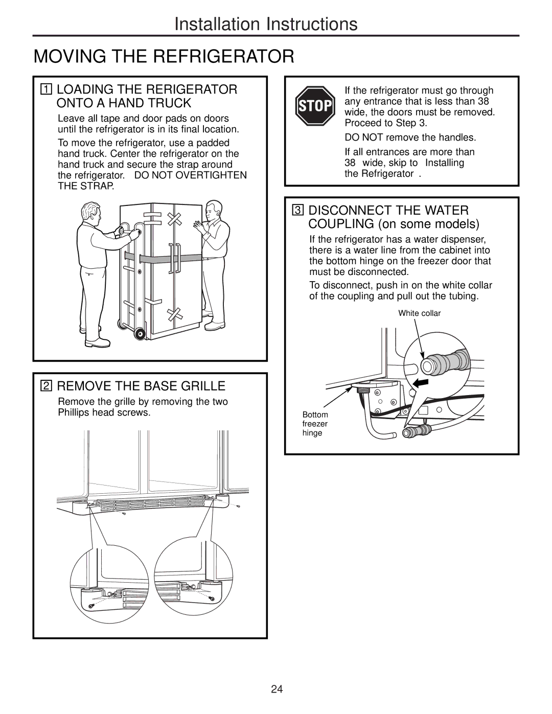 GE 49-60456, 200D8074P009 manual Moving the Refrigerator, Remove the Base Grille 