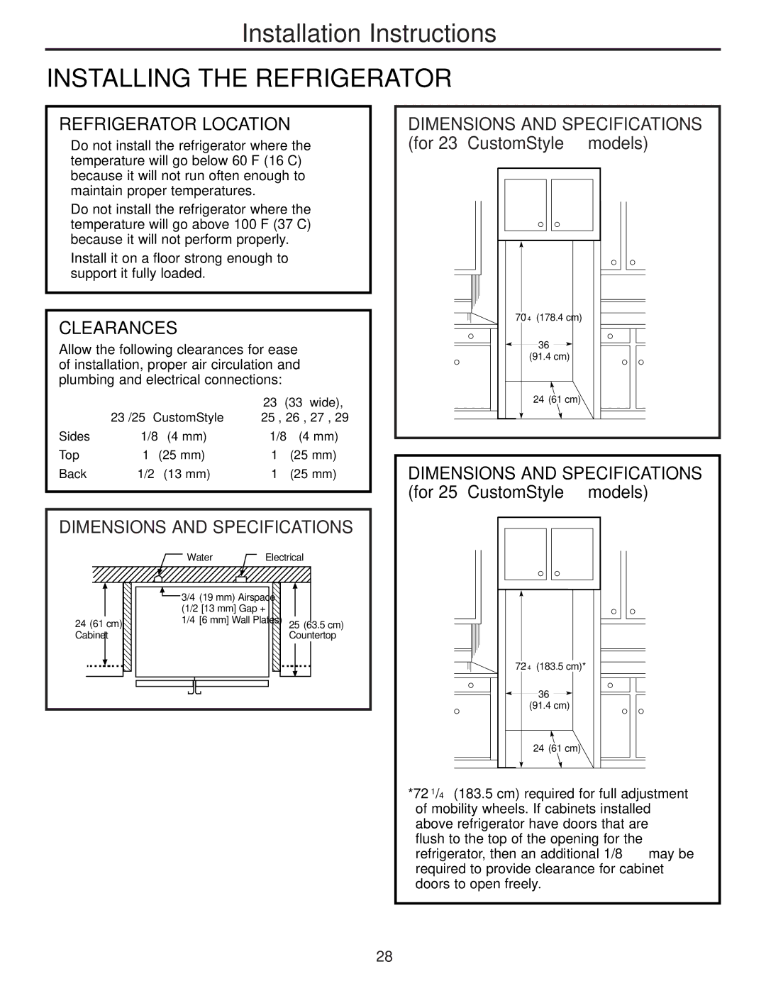 GE 49-60456, 200D8074P009 manual Installing the Refrigerator, Refrigerator Location, Clearances 