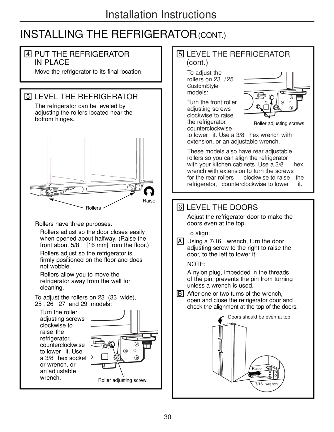 GE 49-60456, 200D8074P009 manual Level the Refrigerator, Level the Doors 