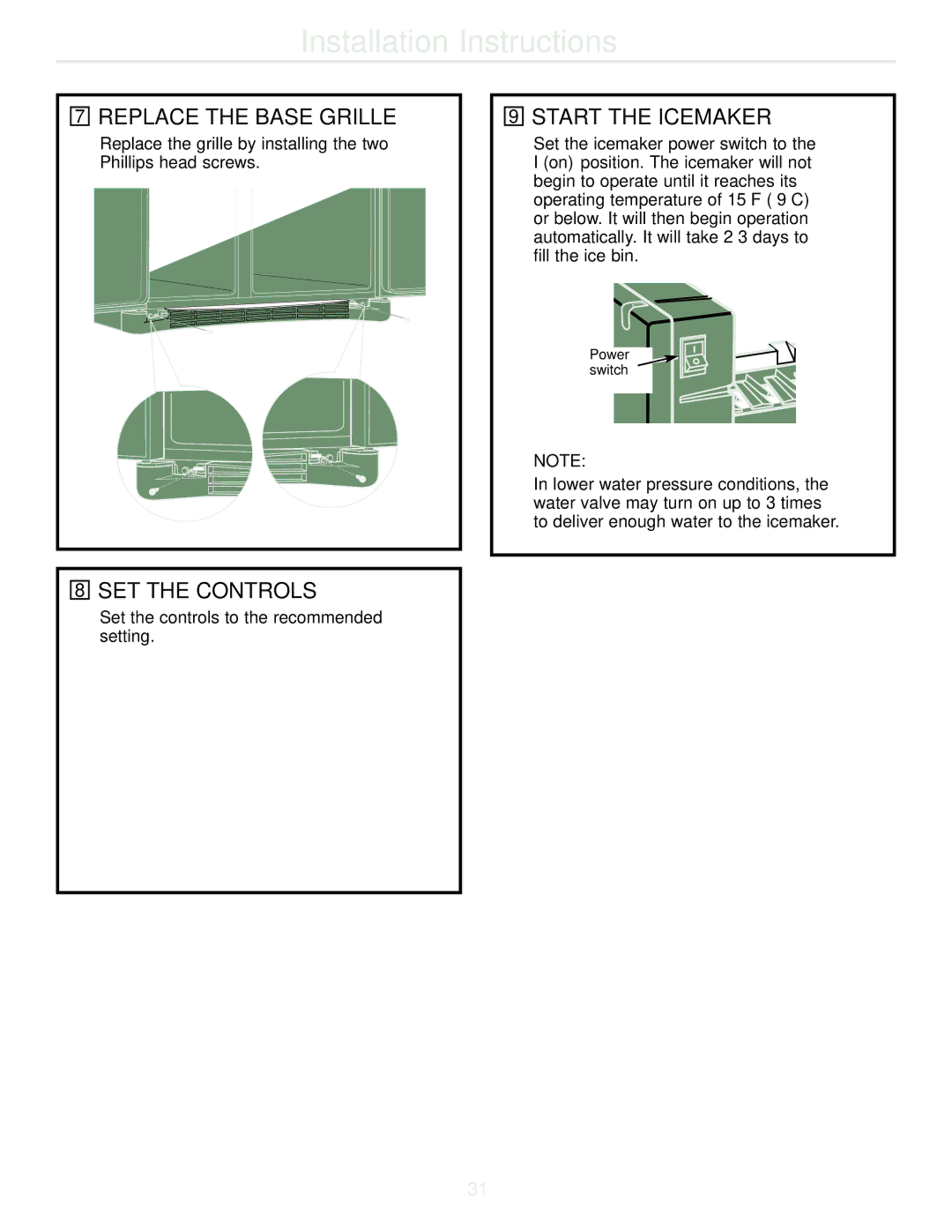 GE 200D8074P009, 49-60456 manual Replace the Base Grille, SET the Controls, Start the Icemaker 