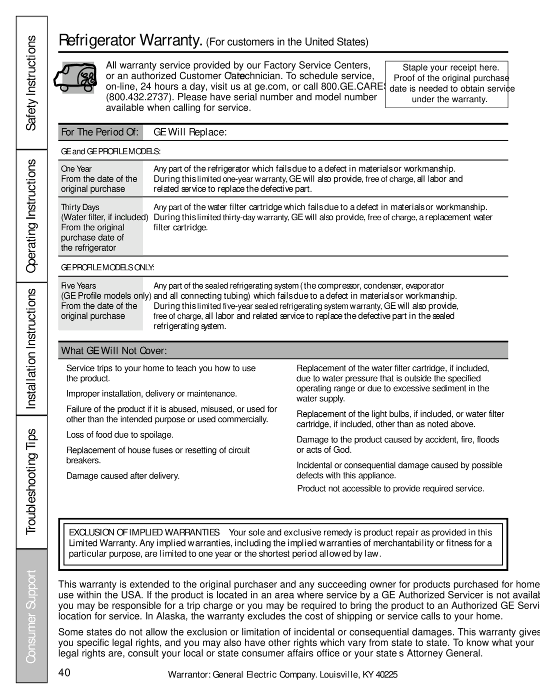 GE 49-60456, 200D8074P009 Instructions Operating Instructions Safety Instructions, GE Will Replace, What GE Will Not Cover 