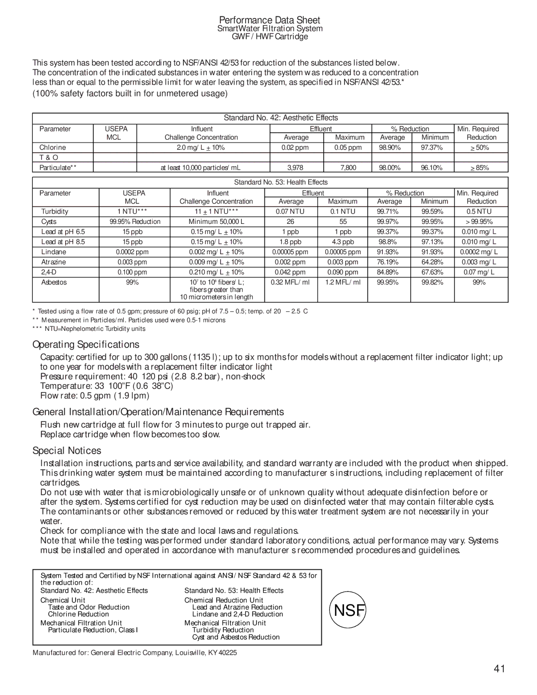 GE 200D8074P009 Performance Data Sheet, Operating Specifications, General Installation/Operation/Maintenance Requirements 