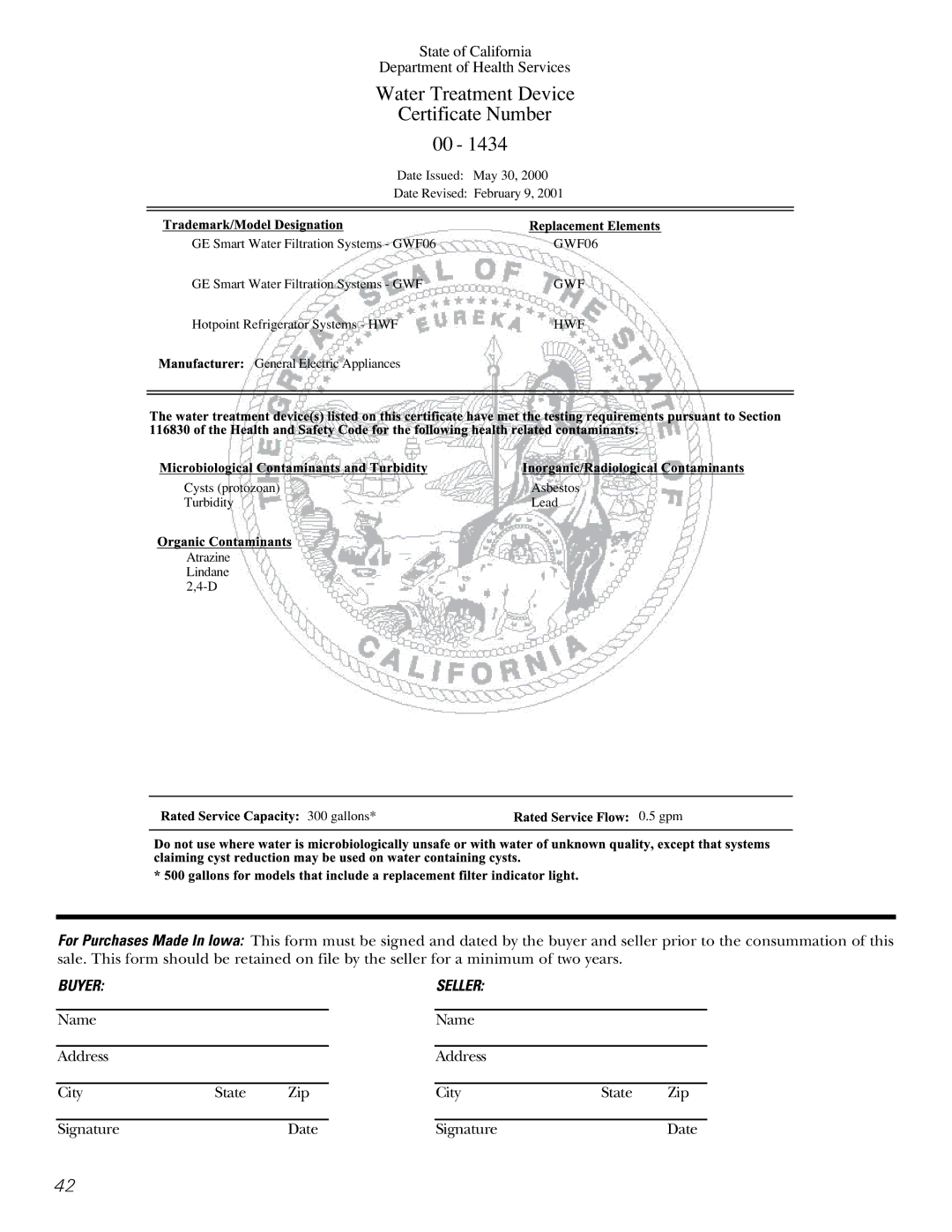 GE 49-60456, 200D8074P009 manual Water Treatment Device Certificate Number 