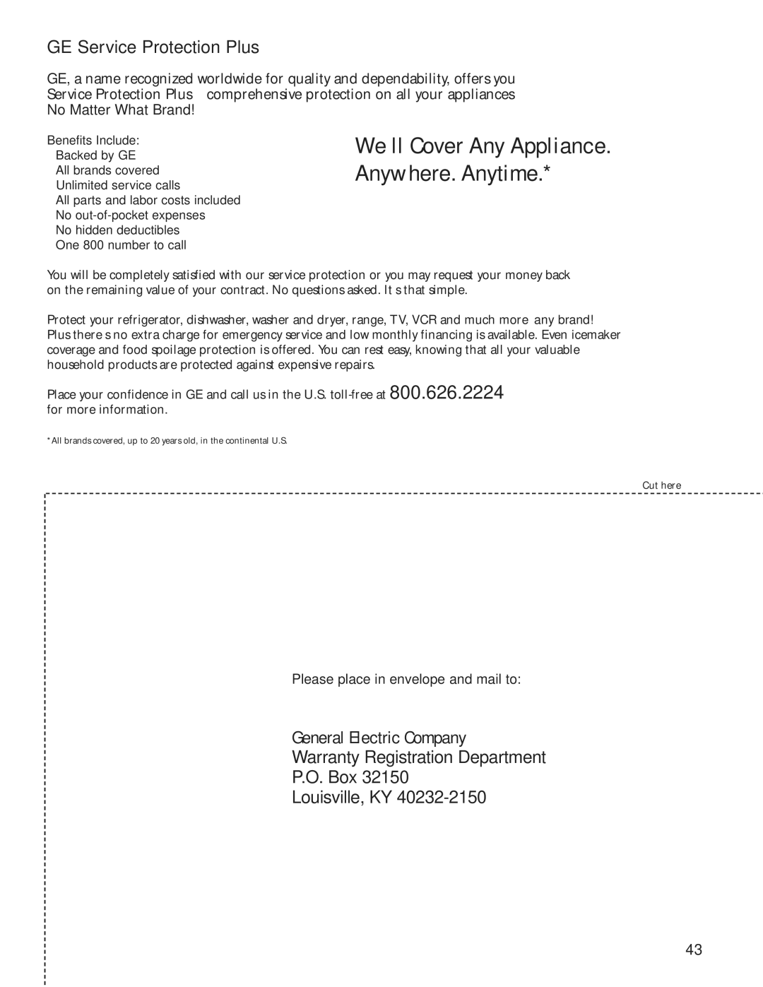 GE 200D8074P009, 49-60456 manual We’ll Cover Any Appliance. Anywhere. Anytime 