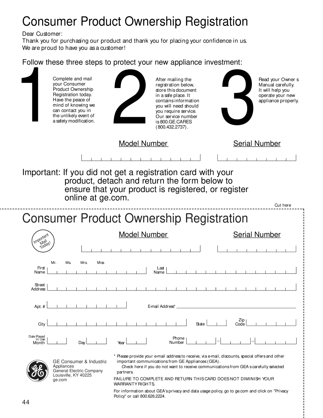 GE 49-60456, 200D8074P009 manual Consumer Product Ownership Registration 