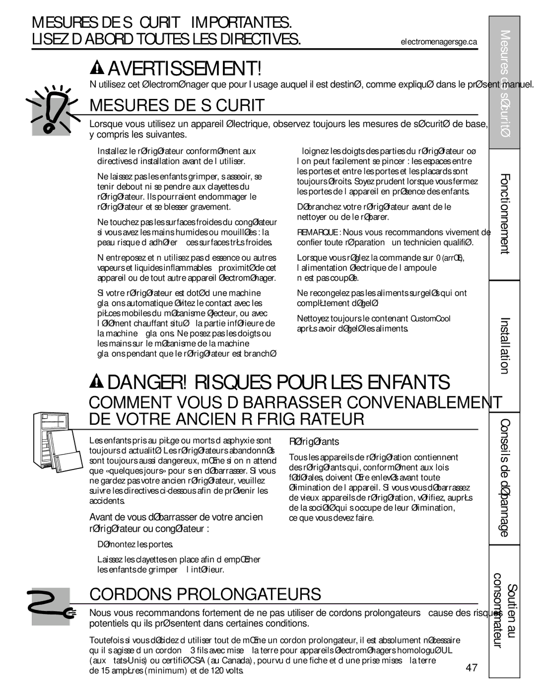 GE 200D8074P009, 49-60456 manual Consommateur Soutien au, Réfrigérants 