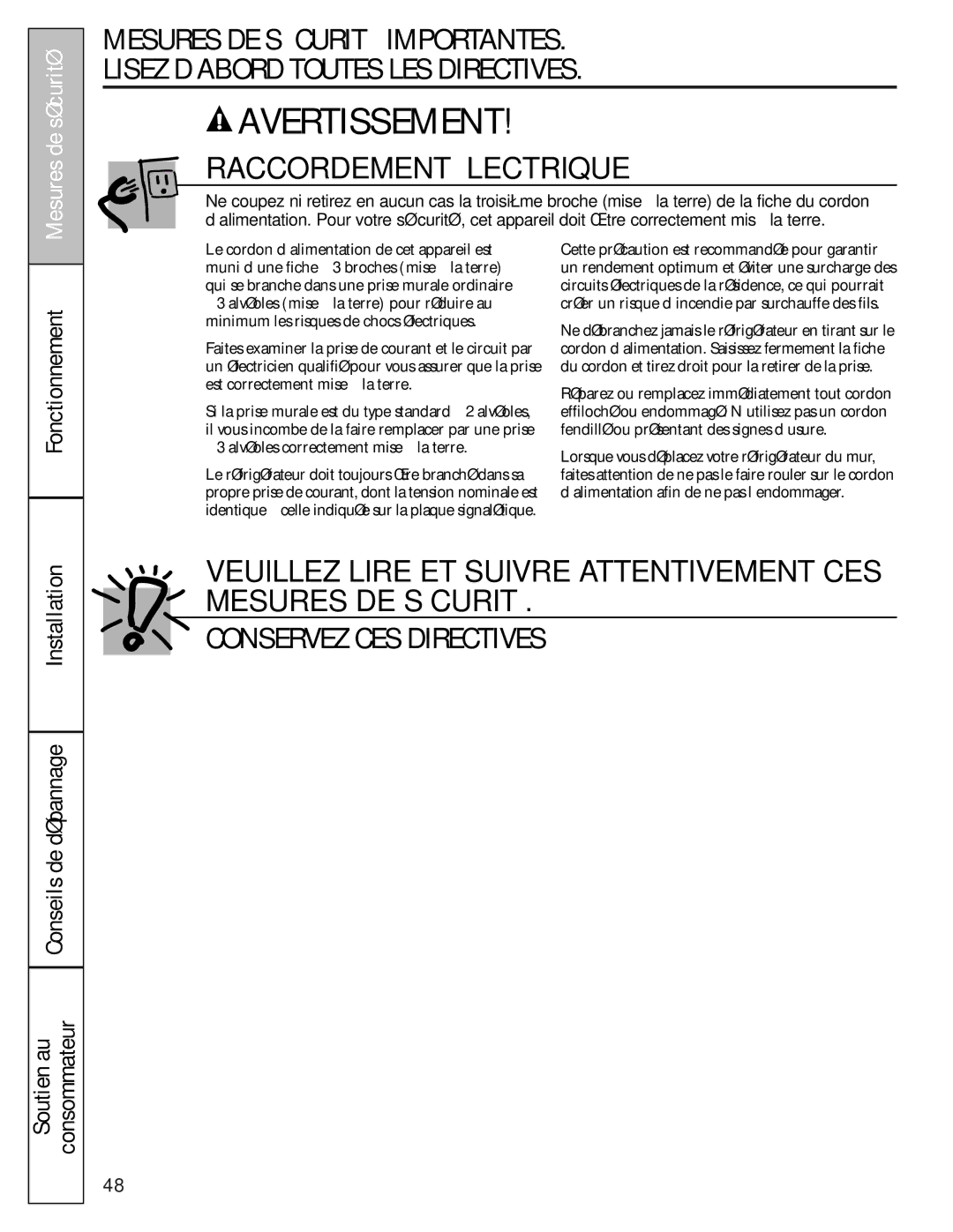 GE 49-60456, 200D8074P009 manual Raccordement Électrique, Installation Conseils de dépannage Soutien au Consommateur 