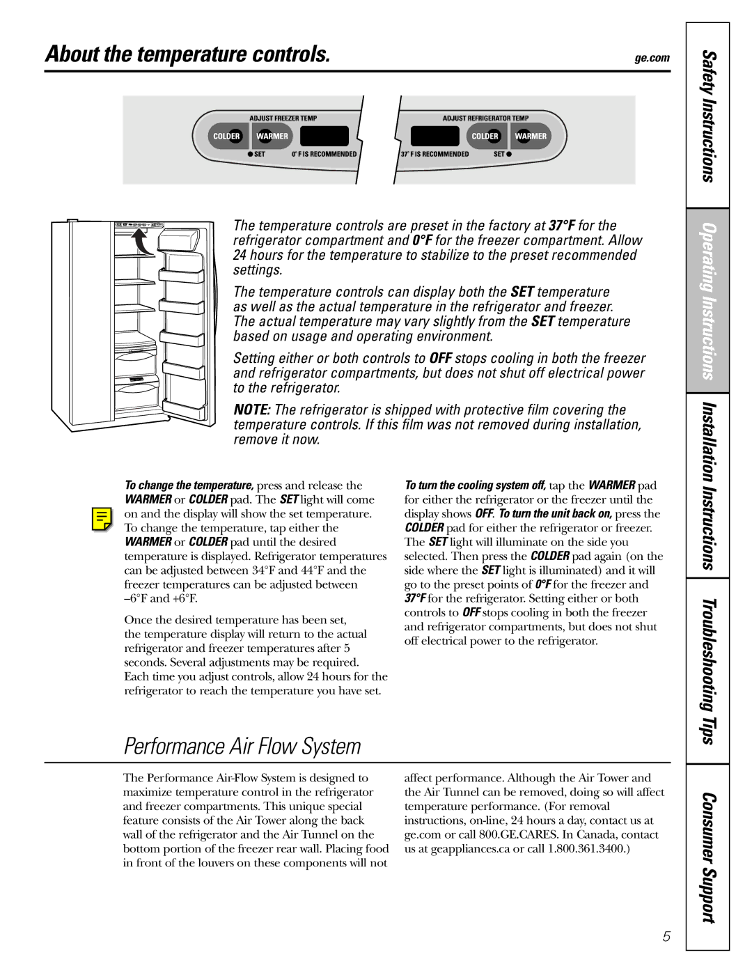 GE 200D8074P009, 49-60456 manual About the temperature controls, Safety Instructions Operating Instructions Installation 