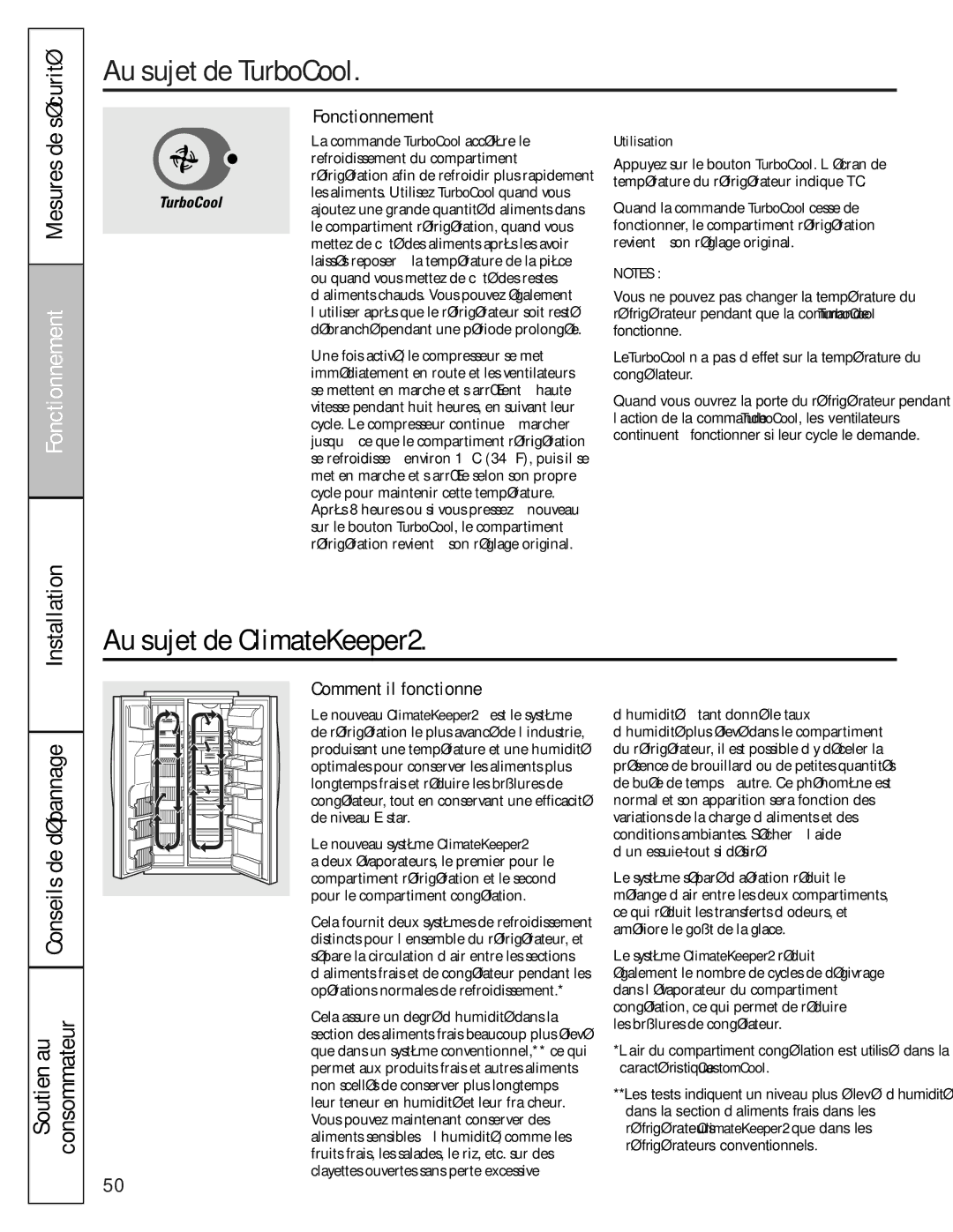 GE 49-60456, 200D8074P009 manual Au sujet de TurboCool, Au sujet de ClimateKeeper2, Sécurité, Mesures de 