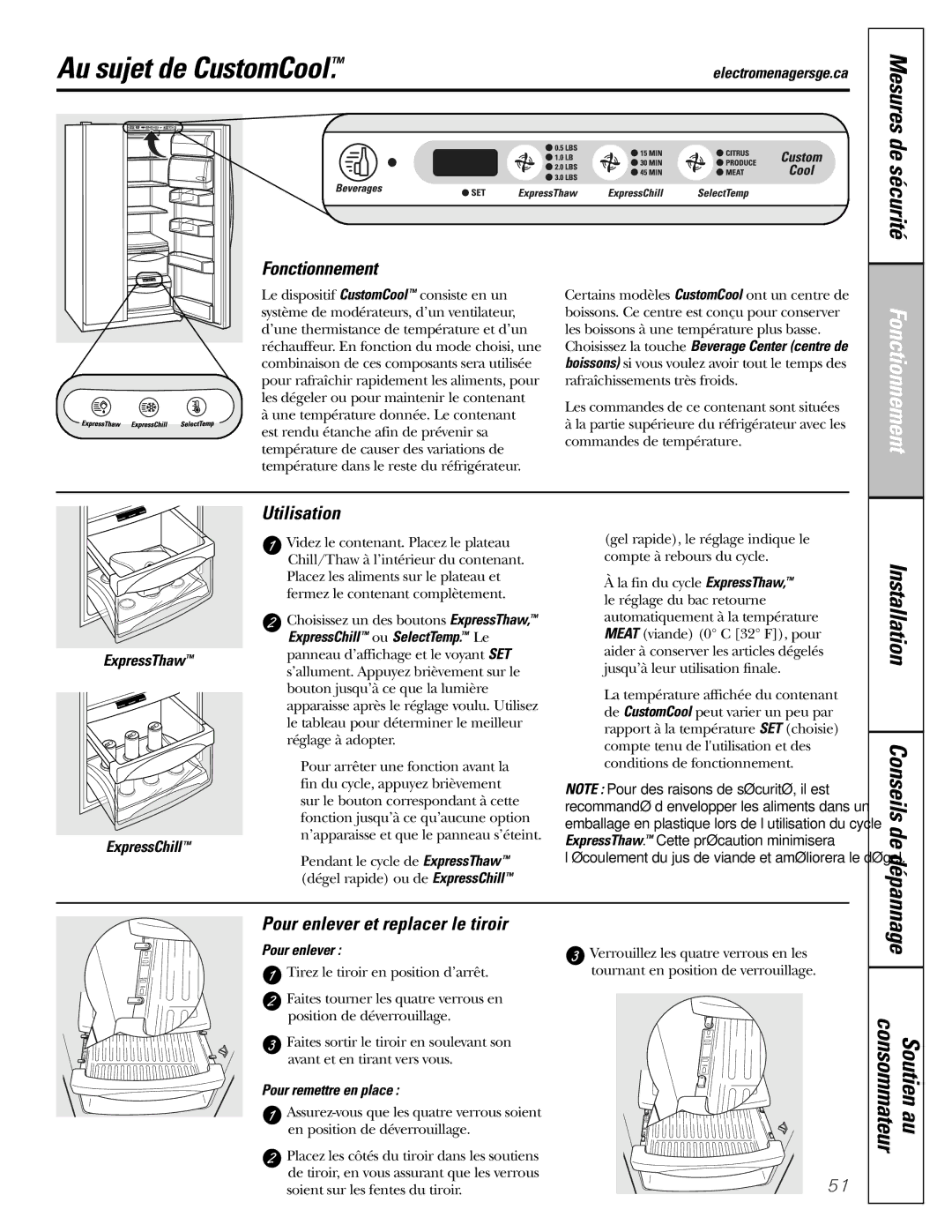 GE 200D8074P009, 49-60456 manual Au sujet de CustomCool, Utilisation, Pour enlever et replacer le tiroir 