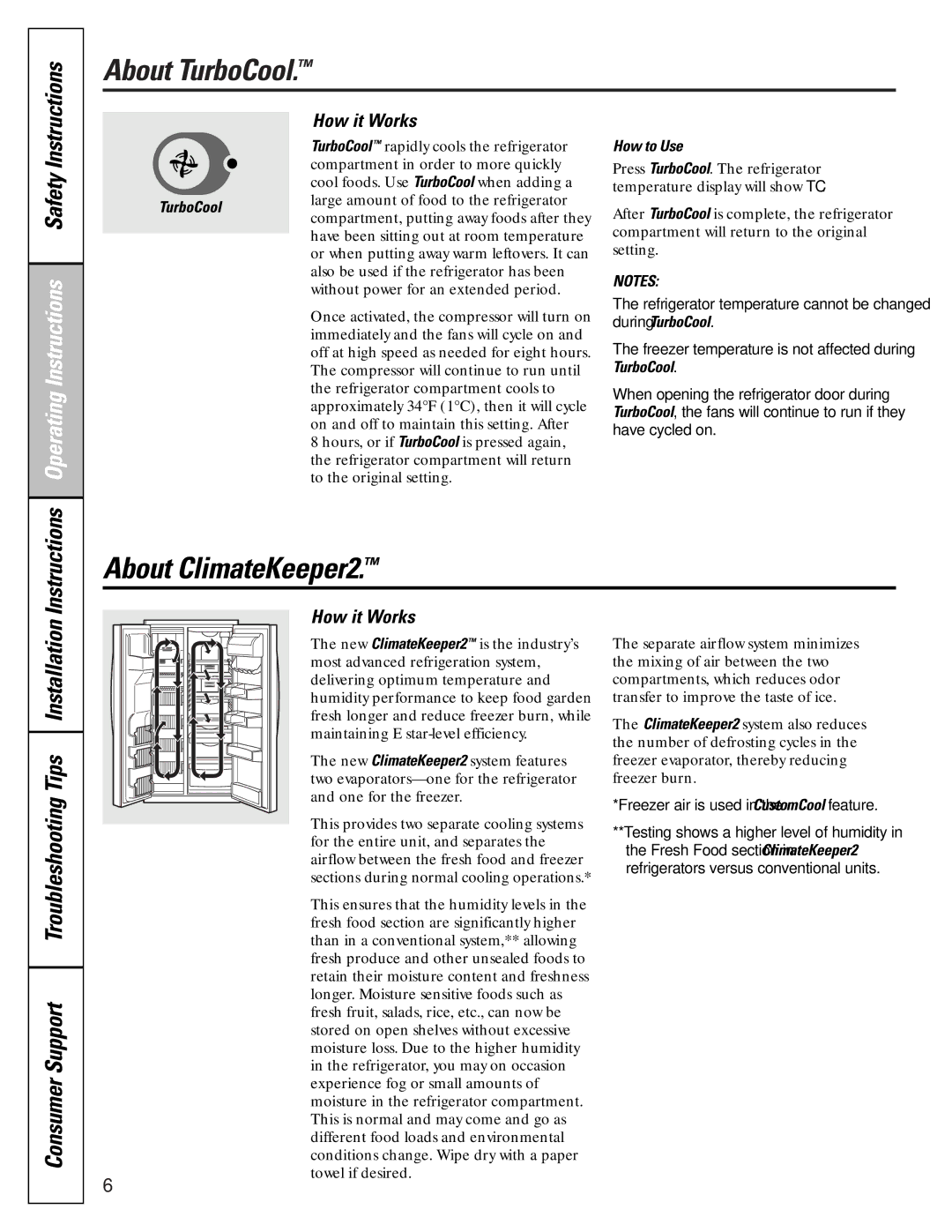 GE 49-60456 About TurboCool, About ClimateKeeper2, How it Works, How to Use, Freezer air is used in the CustomCool feature 