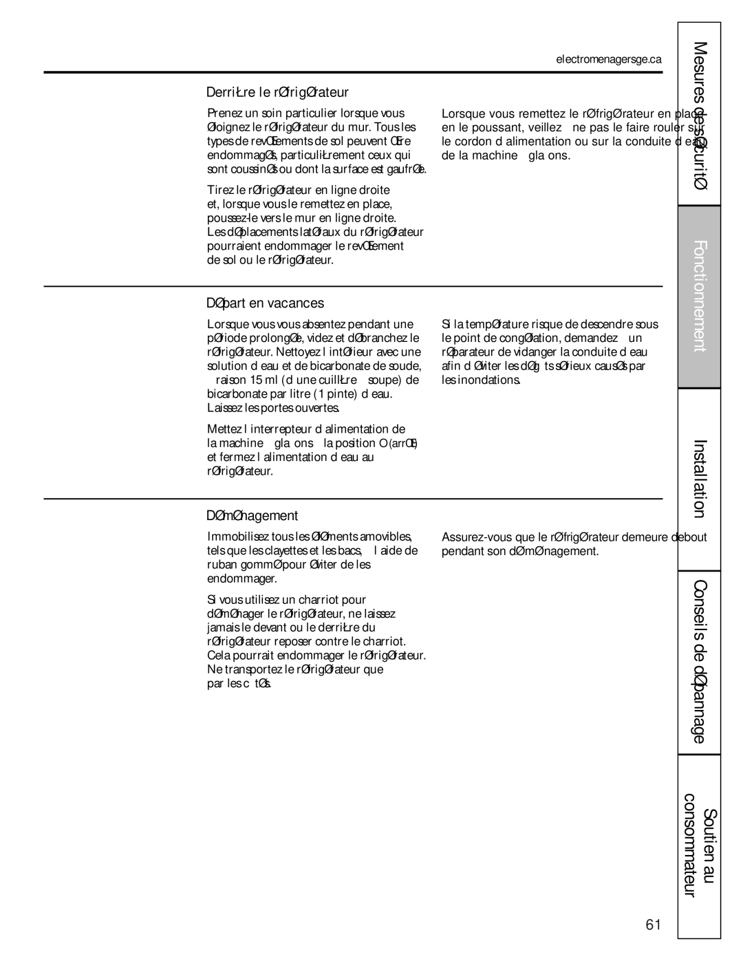 GE 200D8074P009, 49-60456 manual Derrière le réfrigérateur, Départ en vacances, Déménagement, Electromenagersge.ca 