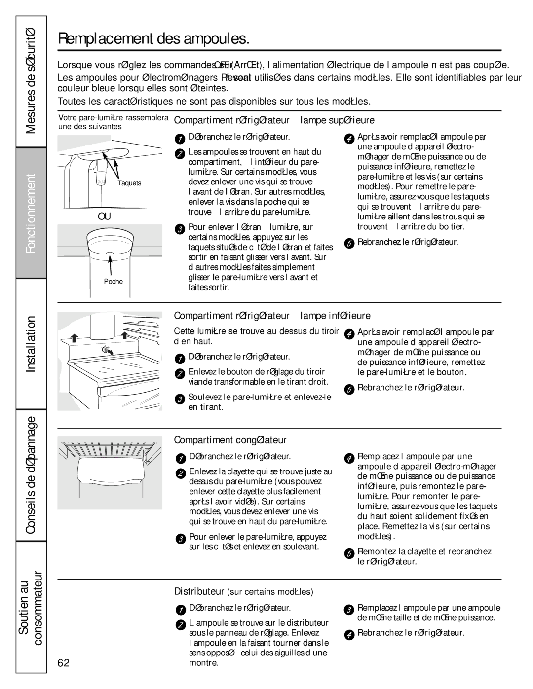 GE 49-60456, 200D8074P009 Remplacement des ampoules, Compartiment réfrigérateur-lampe supérieure, Compartiment congélateur 