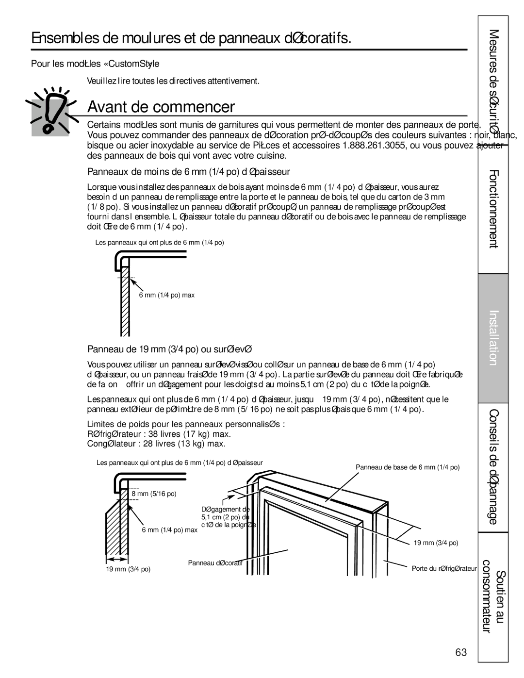 GE 200D8074P009, 49-60456 manual Ensembles de moulures et de panneaux décoratifs, Mesures de sécurité Fonctionnement 