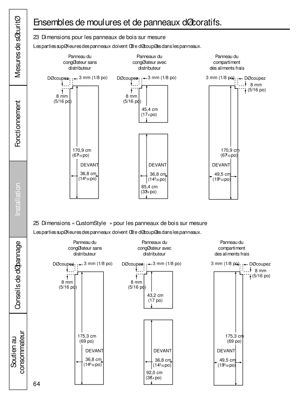 GE 49-60456, 200D8074P009 manual 23‘ Dimensions pour les panneaux de bois sur mesure, Devant 