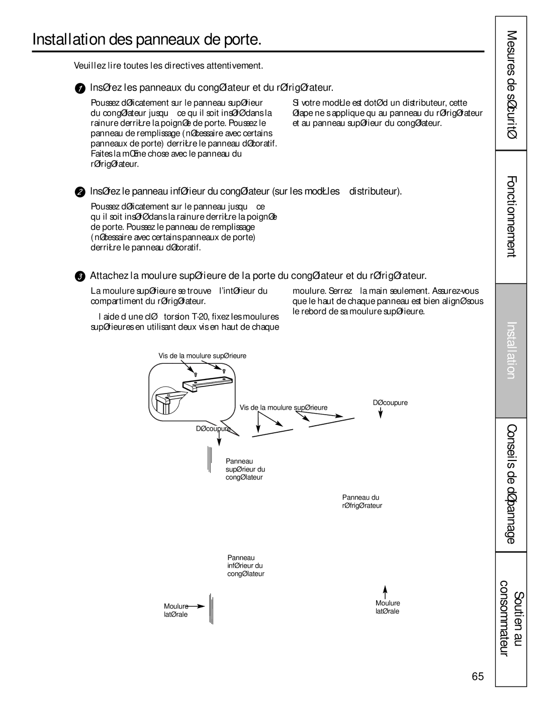 GE 200D8074P009, 49-60456 manual Installation des panneaux de porte, Dépannage Consommateur Soutien au 