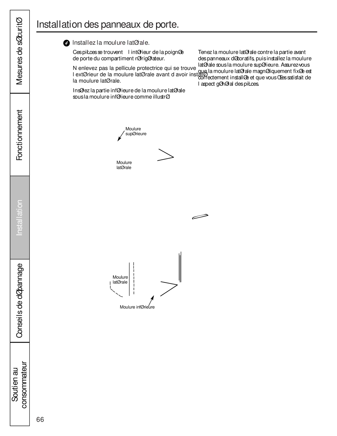 GE 49-60456, 200D8074P009 manual Installation des panneaux de porte, Installez la moulure latérale 