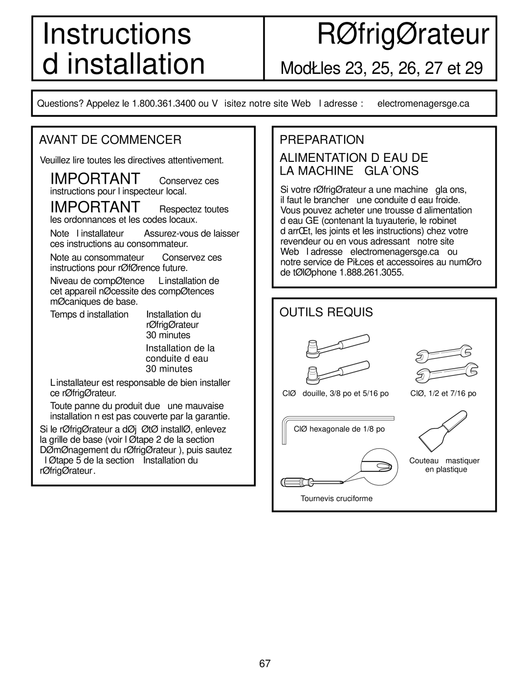 GE 200D8074P009, 49-60456 manual Avant DE Commencer, Preparation Alimentation D’EAU DE LA Machine À Glaçons, Outils Requis 