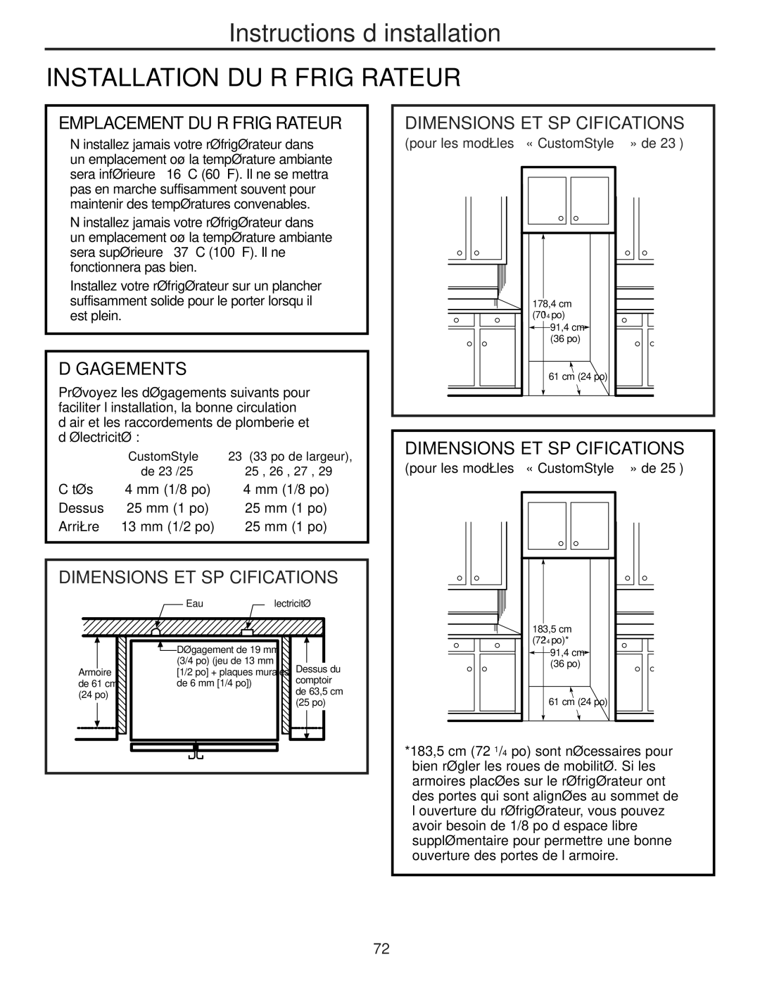 GE 49-60456 manual Installation DU Réfrigérateur, Emplacement DU Réfrigérateur, Dégagements, Dimensions ET Spécifications 