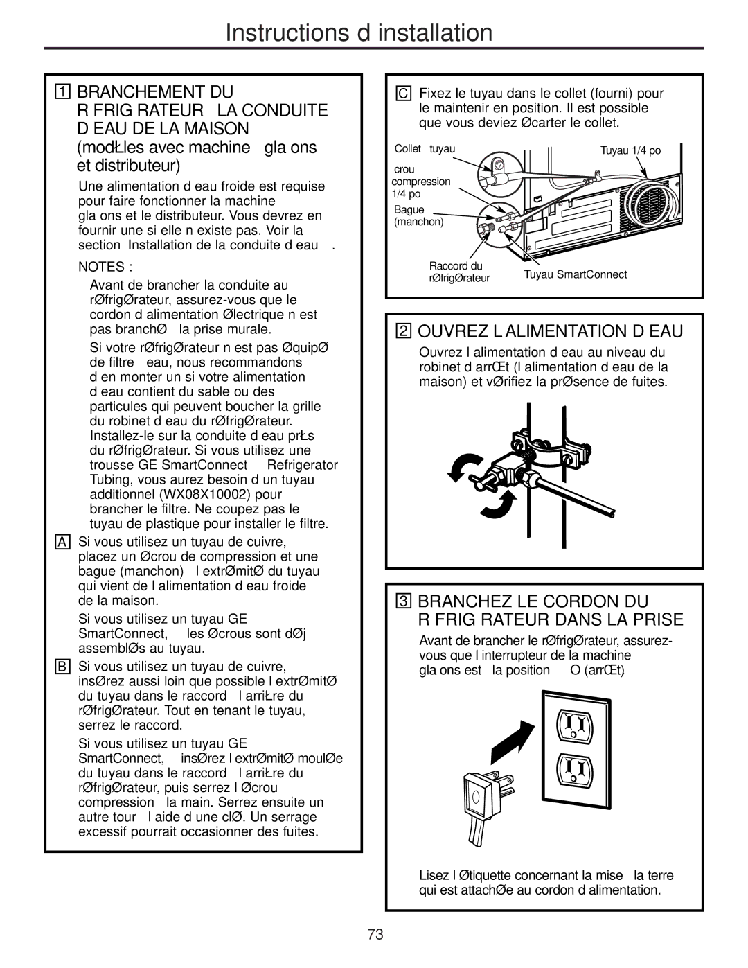 GE 200D8074P009, 49-60456 manual Ouvrez L’ALIMENTATION D’EAU, Branchez LE Cordon DU Réfrigérateur Dans LA Prise 