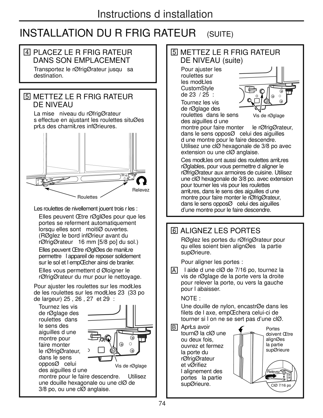 GE 49-60456, 200D8074P009 manual Installation DU Réfrigérateur Suite, Alignez LES Portes 