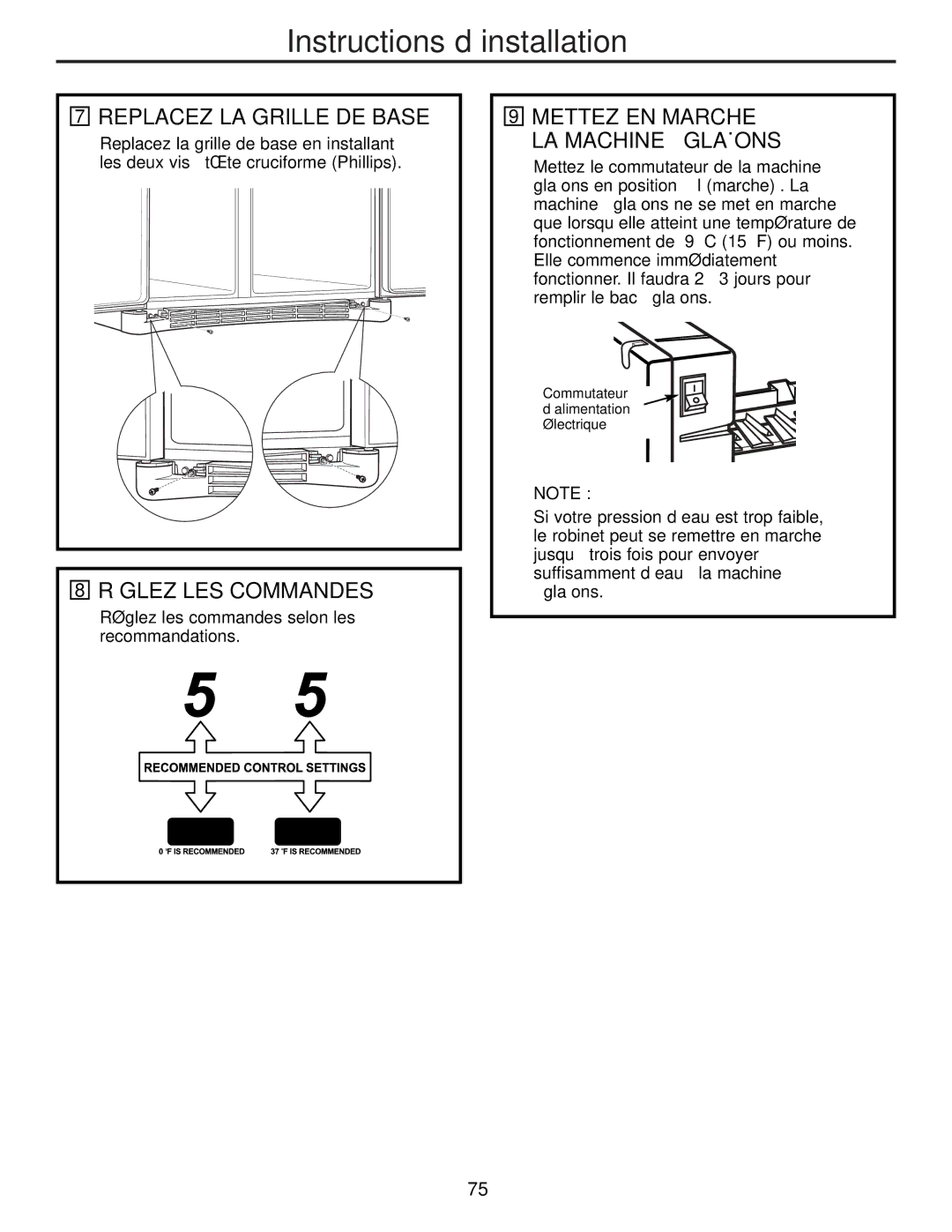 GE 200D8074P009, 49-60456 manual Replacez LA Grille DE Base, Réglez LES Commandes, Mettez EN Marche LA Machine À Glaçons 