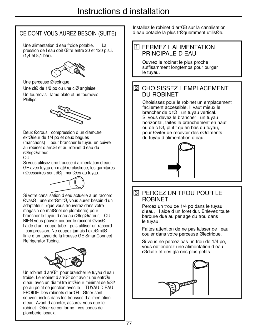 GE 200D8074P009, 49-60456 manual Instructions d’installation, Percez UN Trou Pour LE Robinet 