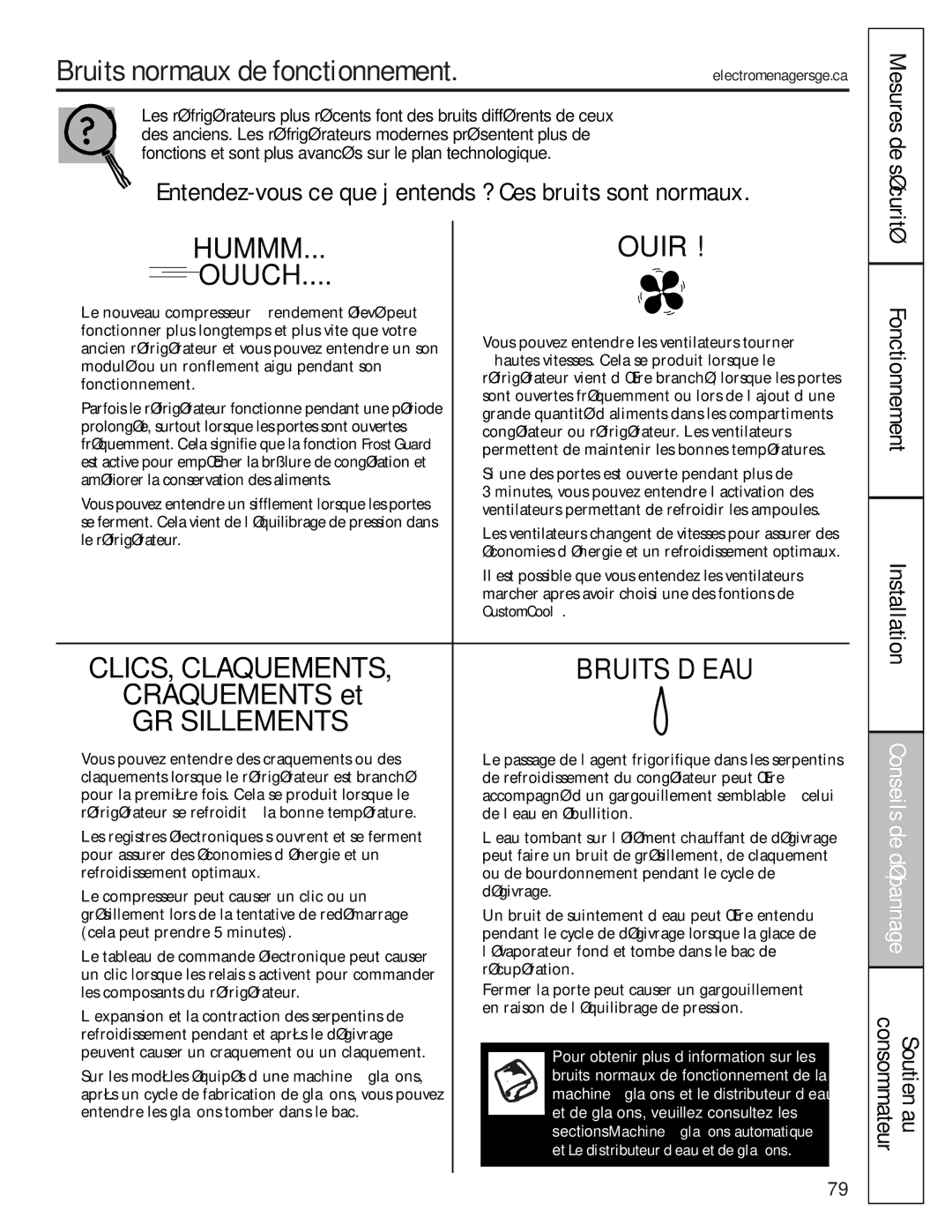 GE 200D8074P009, 49-60456 Bruits normaux de fonctionnement, Mesures de sécurité Fonctionnement Installation, CustomCool 