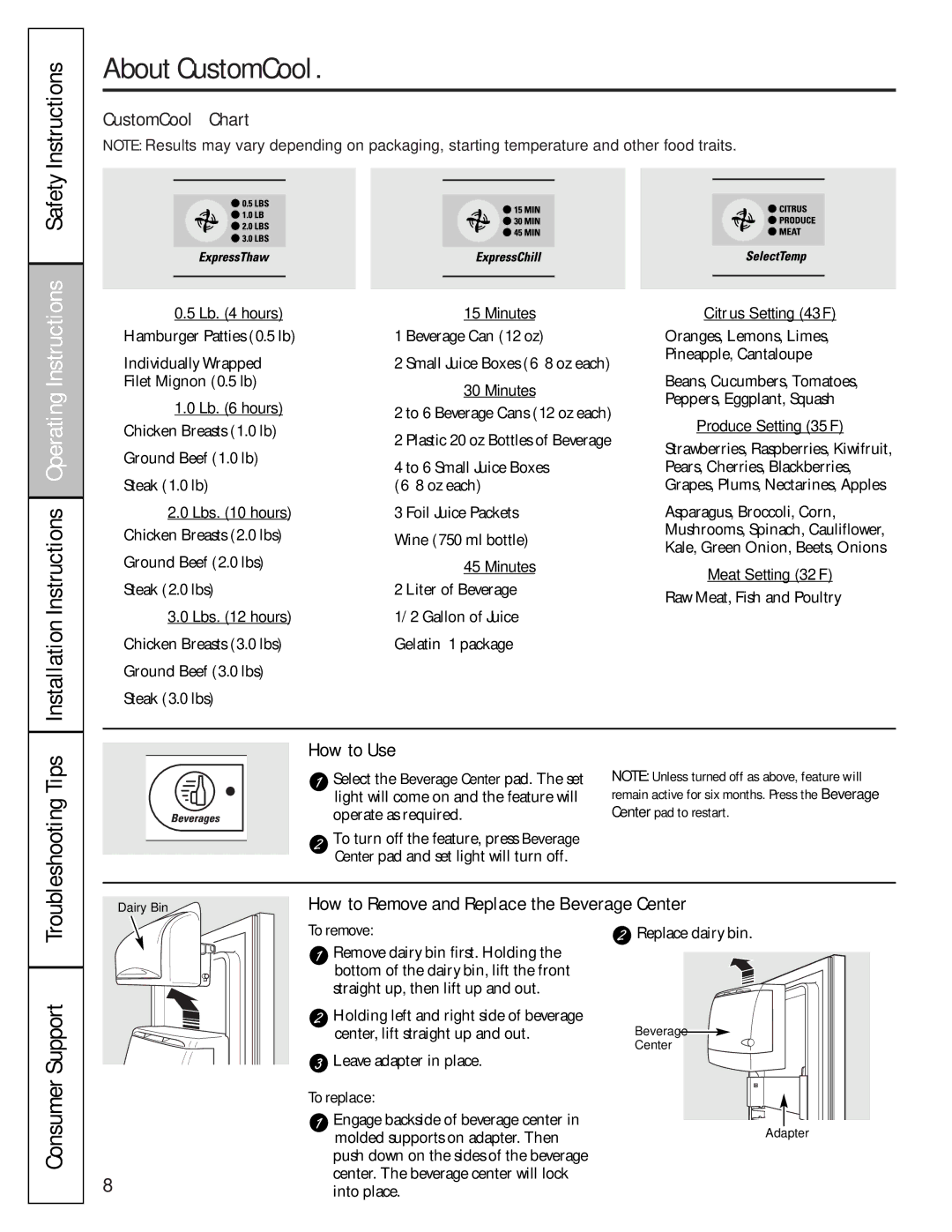 GE 49-60456 manual About CustomCool, Consumer Support, CustomCool Chart, How to Remove and Replace the Beverage Center 