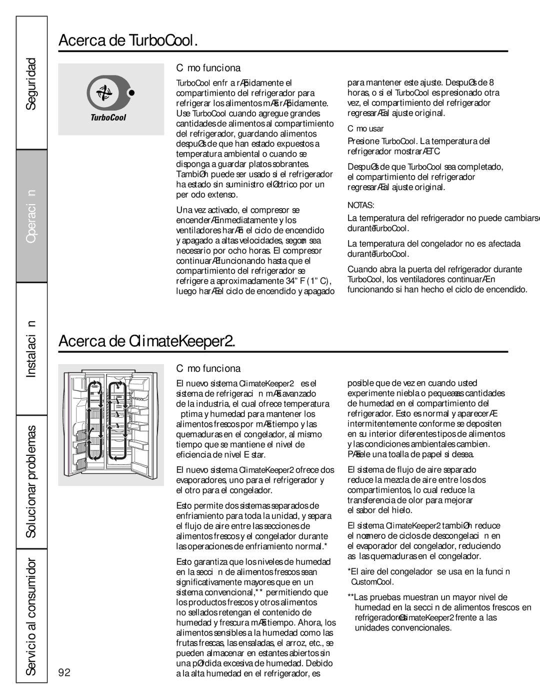 GE 49-60456, 200D8074P009 manual Acerca de TurboCool, Acerca de ClimateKeeper2, Cómo funciona, Cómo usar 