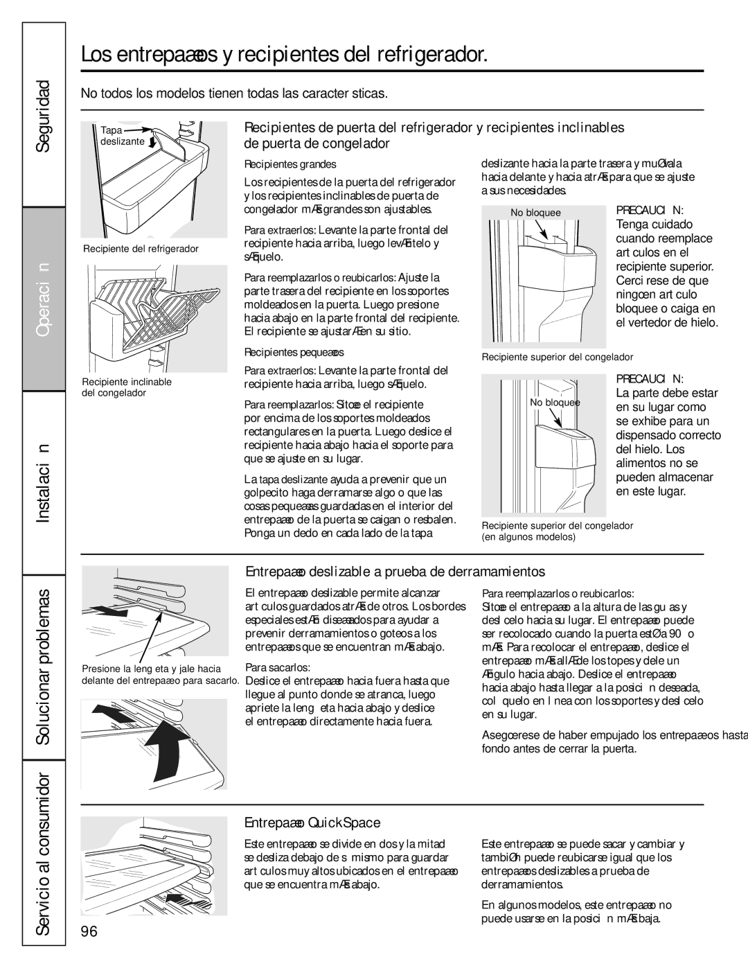 GE 49-60456, 200D8074P009 manual Los entrepaños y recipientes del refrigerador, Servicio al, Entrepaño QuickSpace 