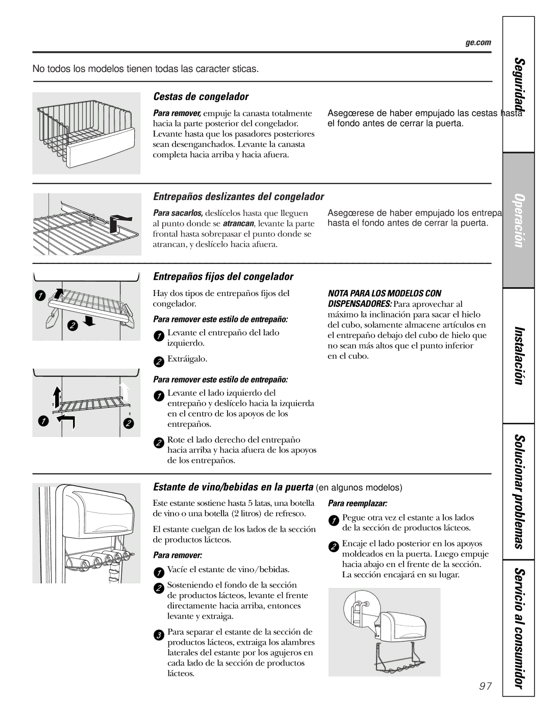 GE 200D8074P009, 49-60456 Problemas Servicio al consumidor, Cestas de congelador, Entrepaños deslizantes del congelador 