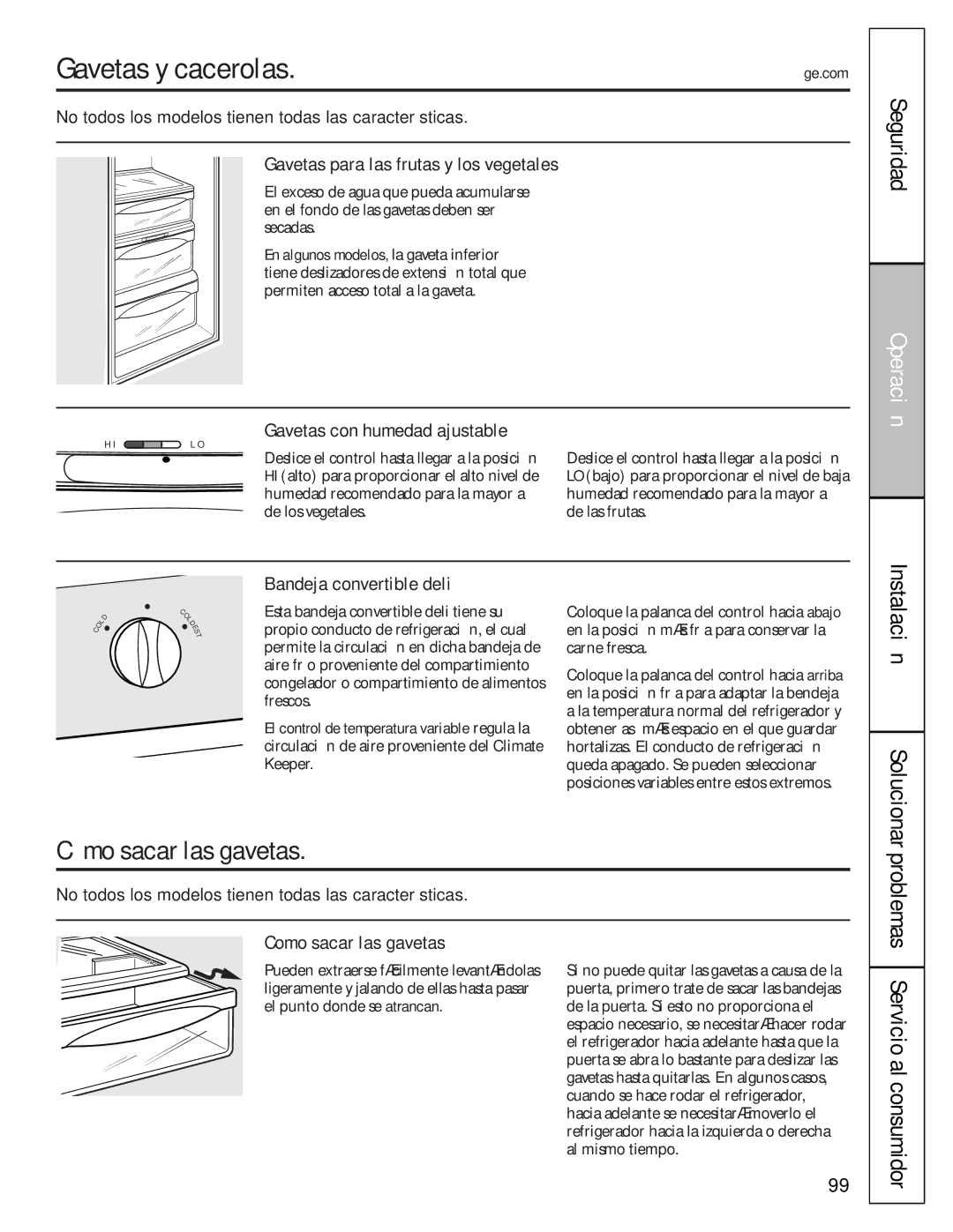 GE 200D8074P009, 49-60456 manual Gavetas y cacerolas, Gavetas para las frutas y los vegetales, Gavetas con humedad ajustable 