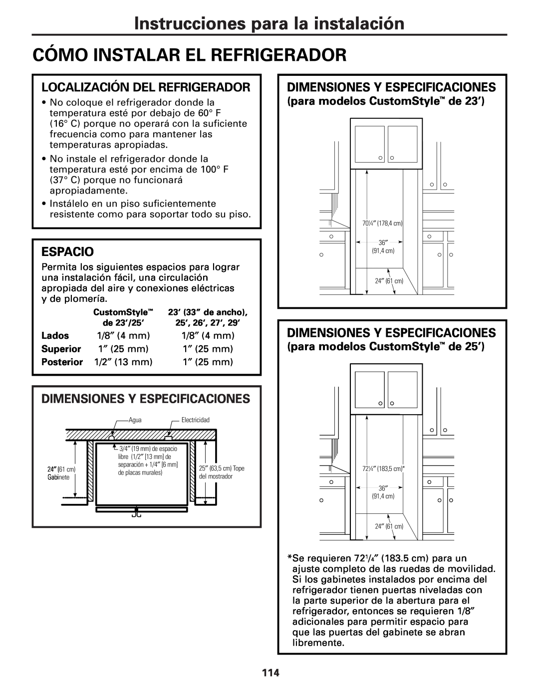 GE 49-60456 Cómo Instalar El Refrigerador, Localización Del Refrigerador, Espacio, Dimensiones Y Especificaciones, Lados 