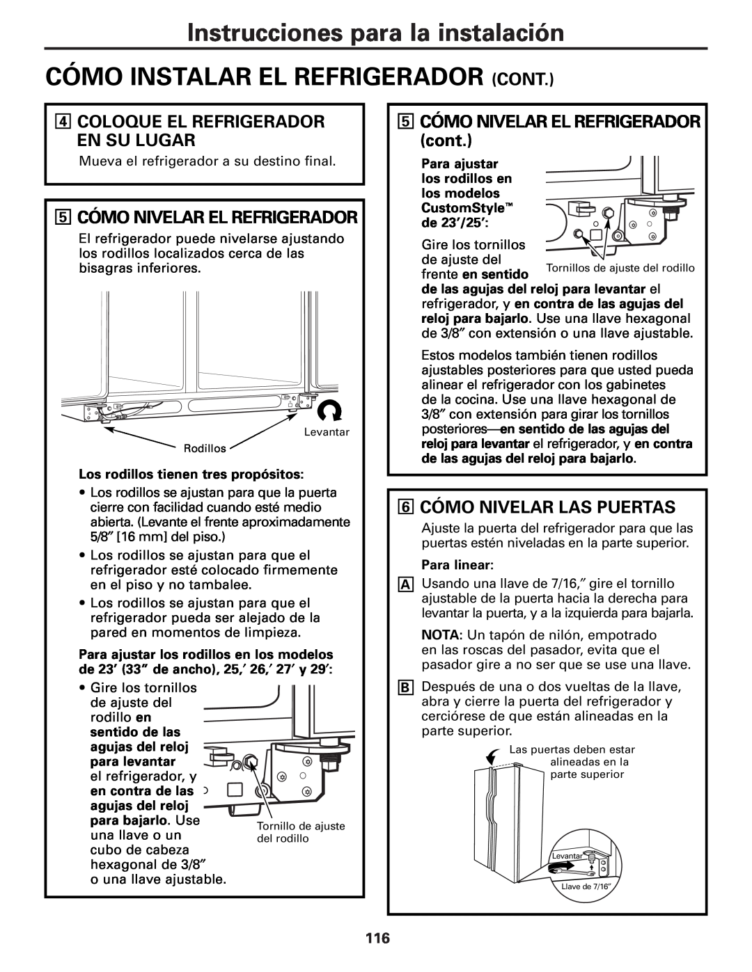 GE 49-60456 manual Cómo Instalar El Refrigerador Cont, 5 CÓMO NIVELAR EL REFRIGERADOR cont, 6 CÓMO NIVELAR LAS PUERTAS 