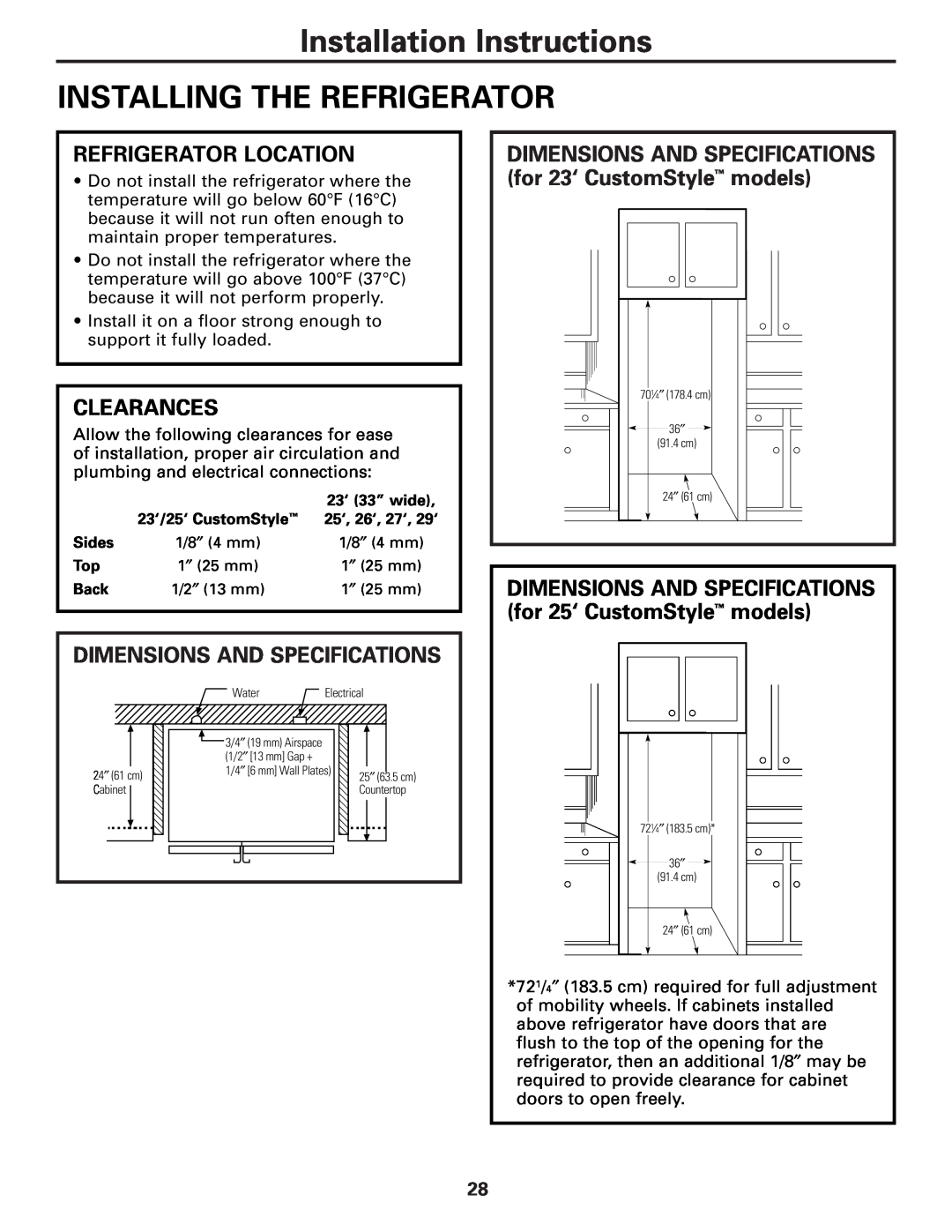 GE 49-60456, 200D8074P009 Installing The Refrigerator, Refrigerator Location, Clearances, Dimensions And Specifications 