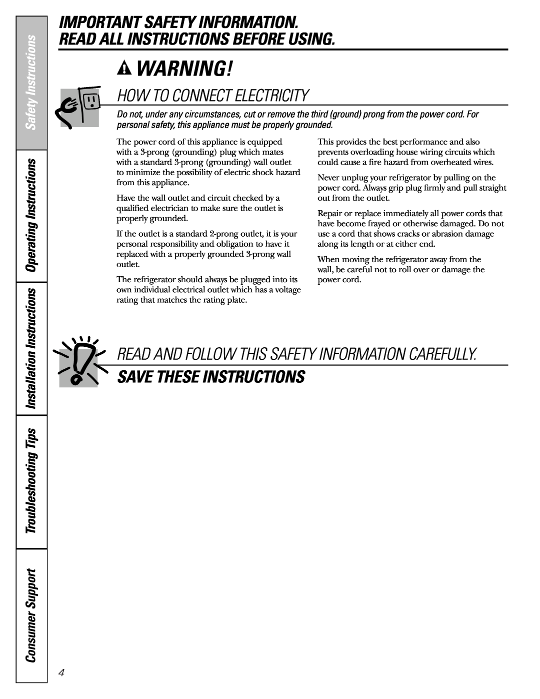 GE 49-60456 How To Connect Electricity, Save These Instructions, Instructions Operating Instructions, Safety Instructions 