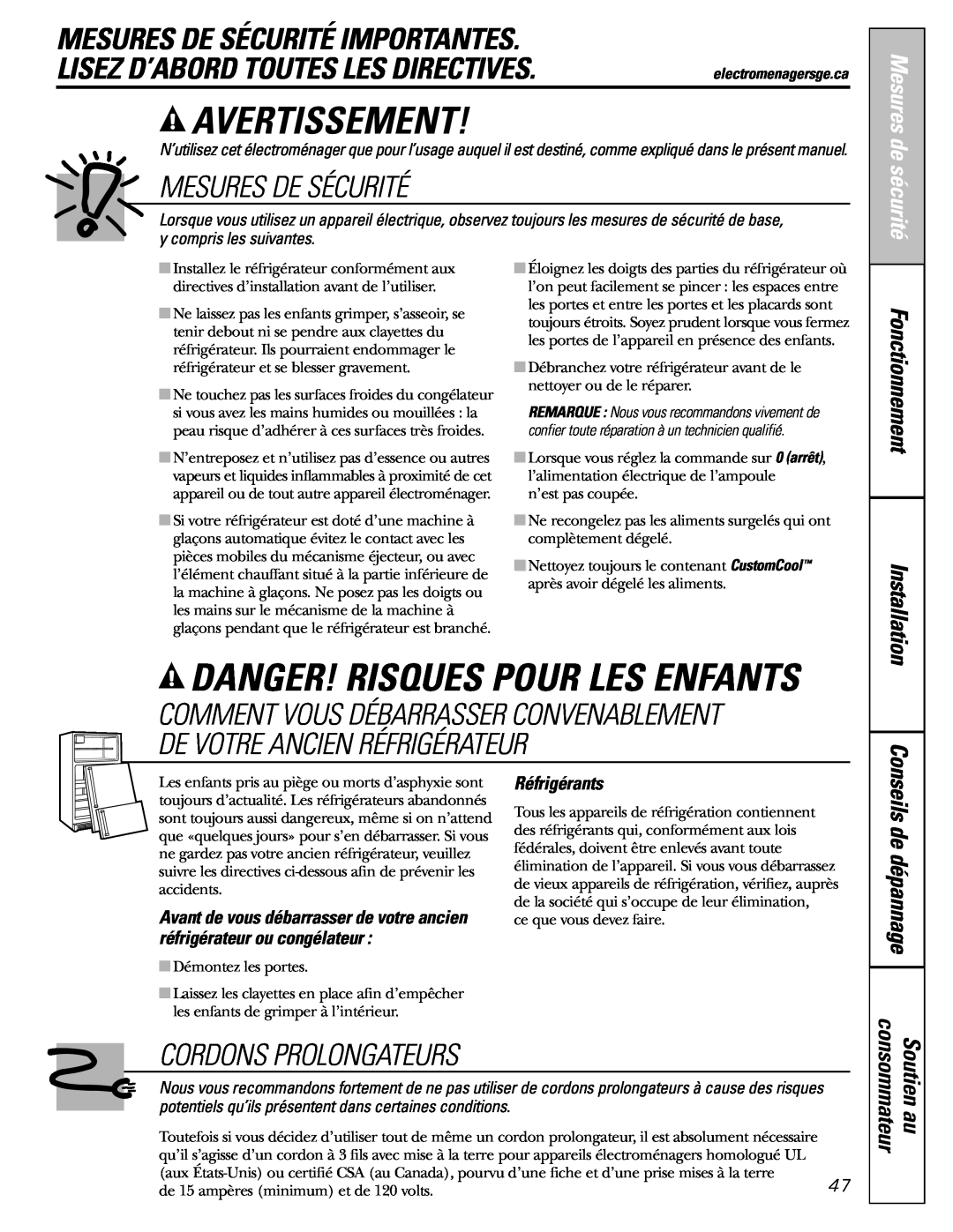 GE 200D8074P009 Avertissement, Danger! Risques Pour Les Enfants, Mesures De Sécurité Importantes, Cordons Prolongateurs 