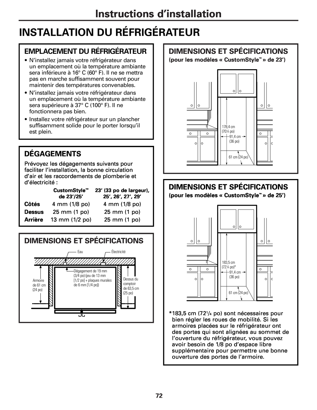 GE 49-60456 Installation Du Réfrigérateur, Emplacement Du Réfrigérateur, Dégagements, Dimensions Et Spécifications, Côtés 
