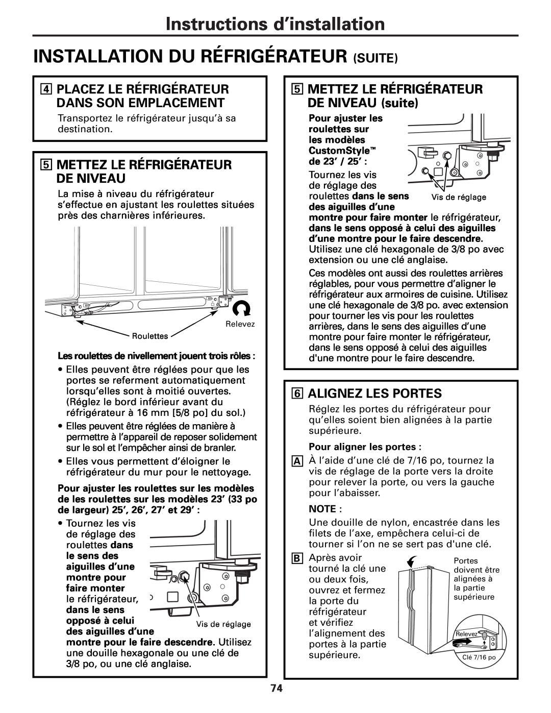 GE 49-60456 manual Installation Du Réfrigérateur Suite, Alignez Les Portes, Placez Le Réfrigérateur Dans Son Emplacement 