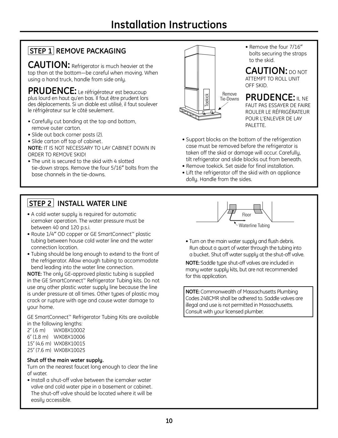 GE 49-60468-1 Remove Packaging, Install Water Line, Remove the four 7/16″ bolts securing the straps to the skid 