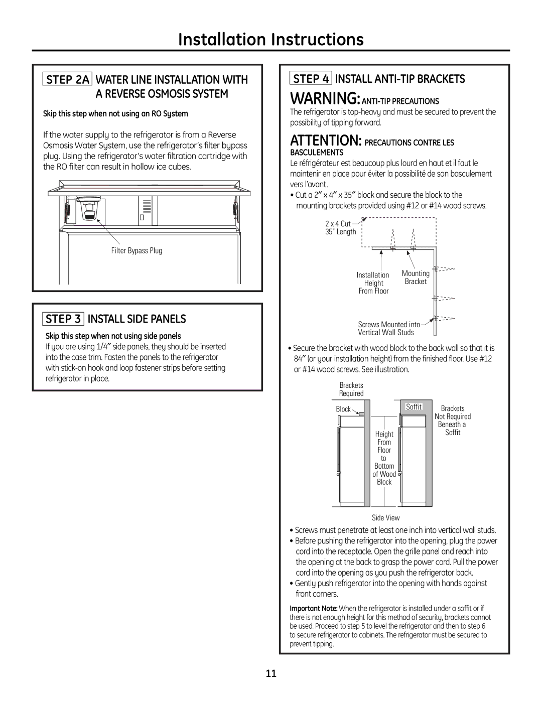 GE 49-60468-1 Install Side Panels, Install ANTI-TIP Brackets, Skip this step when not using an RO System 