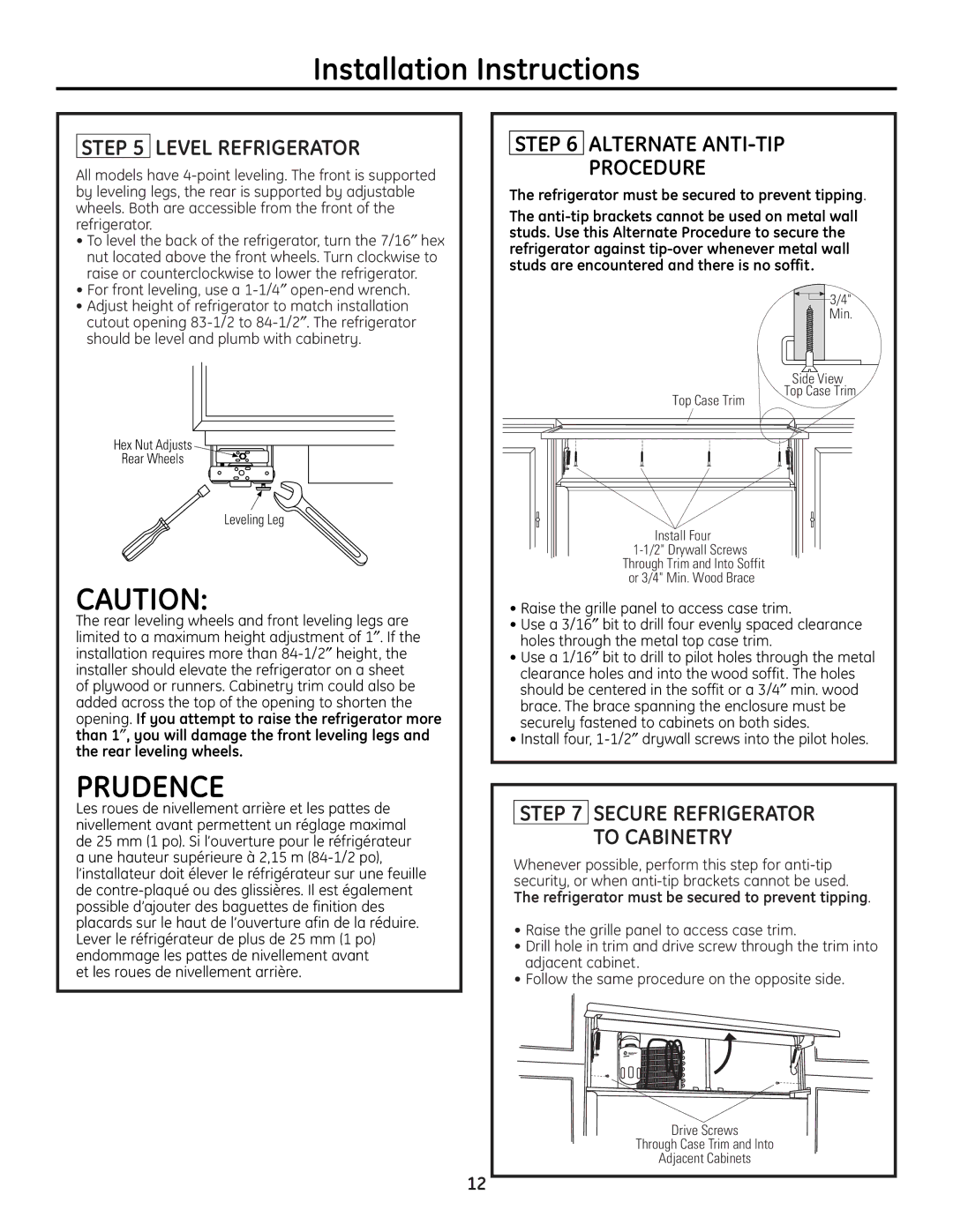 GE 49-60468-1 installation instructions Level Refrigerator, Alternate ANTI-TIP Procedure, Secure Refrigerator To Cabinetry 