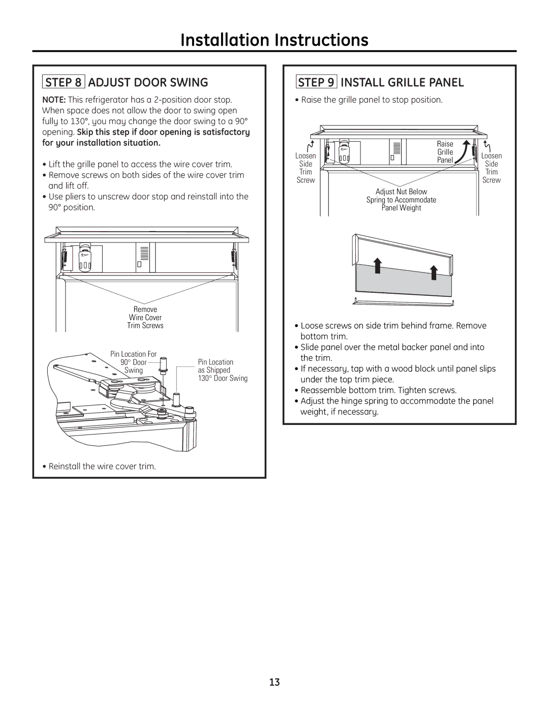 GE 49-60468-1 installation instructions Adjust Door Swing, Install Grille Panel, Raise the grille panel to stop position 