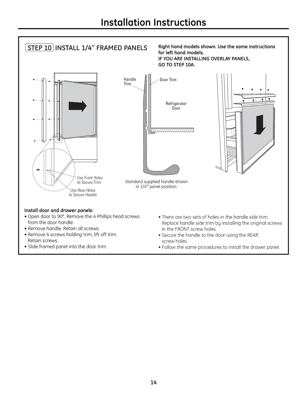 GE 49-60468-1 installation instructions Install 1/4″ Framed Panels, Install door and drawer panels 