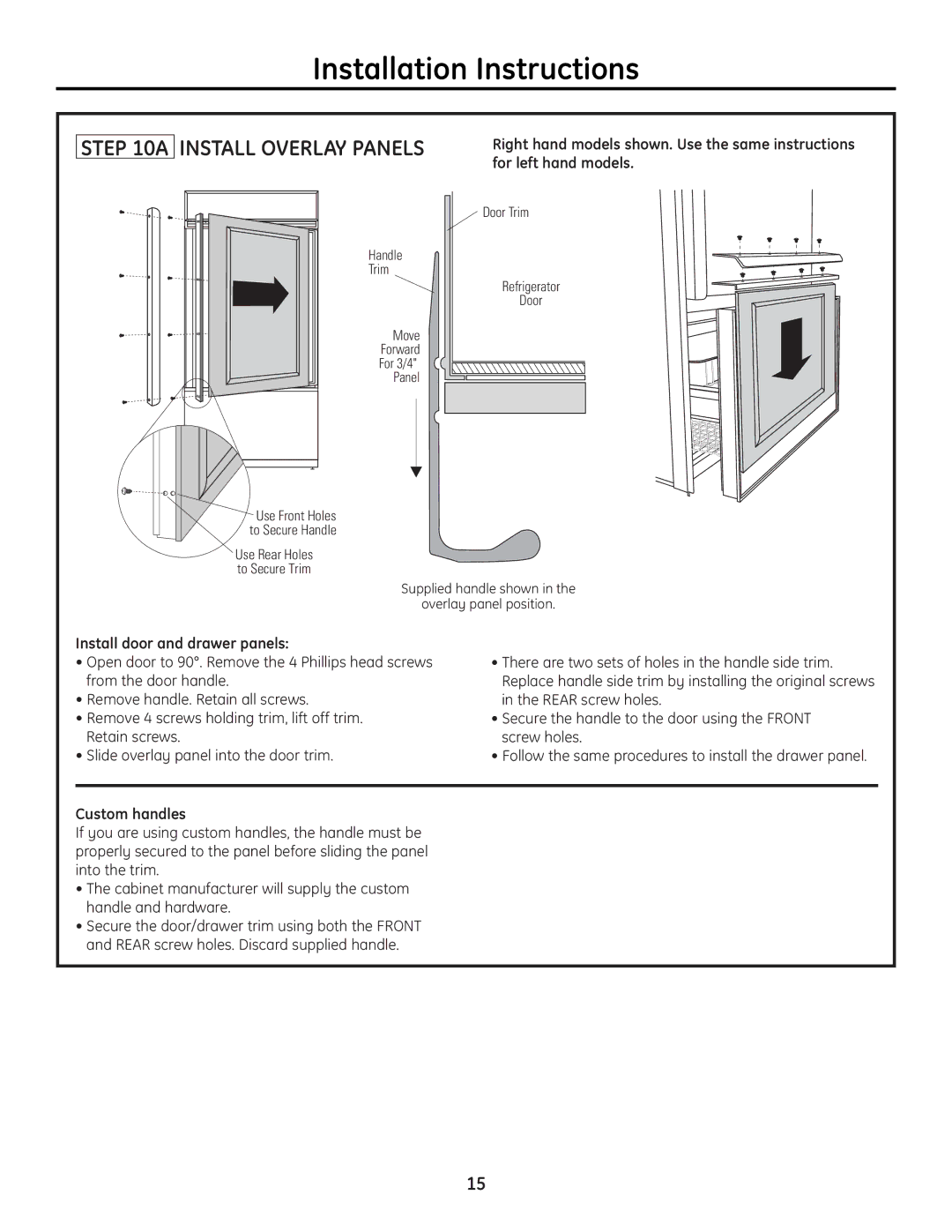 GE 49-60468-1 installation instructions Install Overlay Panels, Custom handles 